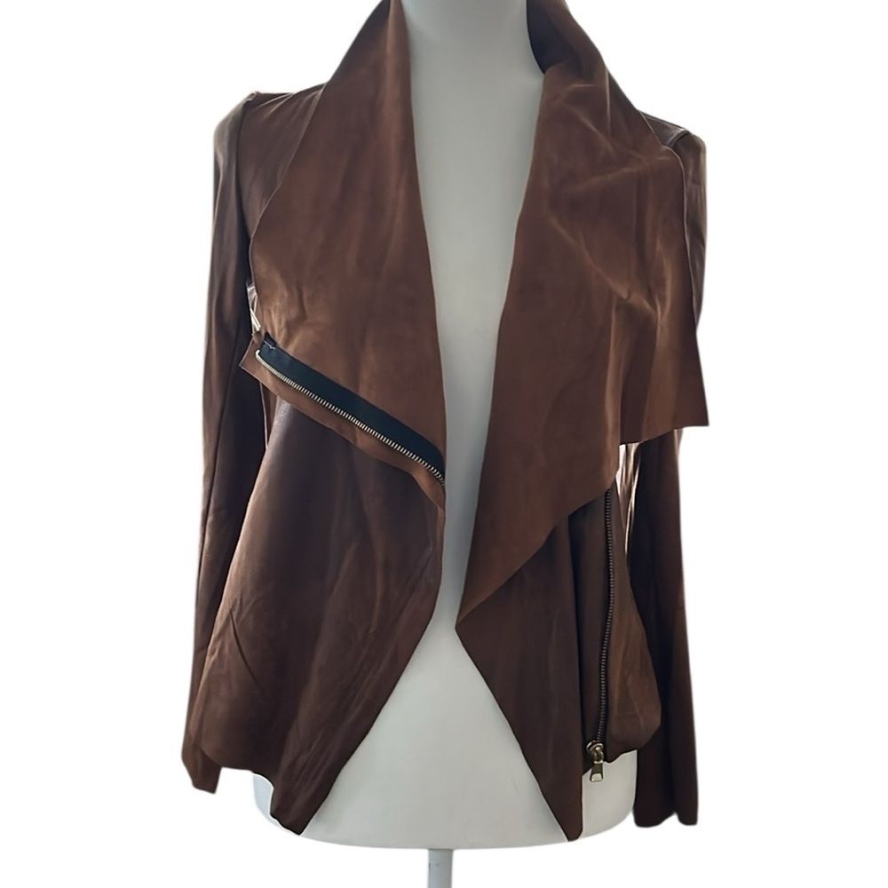 LE3NO Draped Faux Suede Moto Jacket Brown Size Small - Picture 3 of 7
